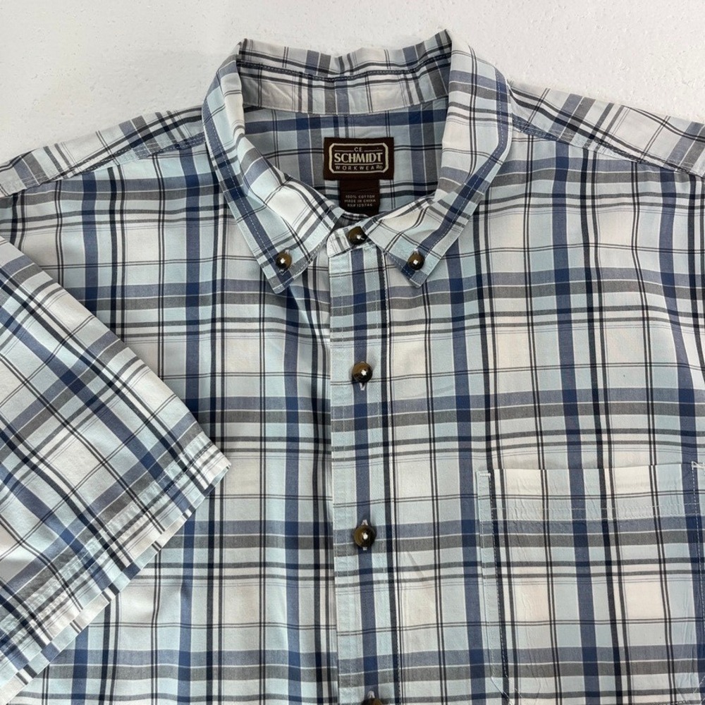 C.E. Schmidt Workwear Mens Size‎ 2XL Blue White Plaid Short Sleeve Button Shirt